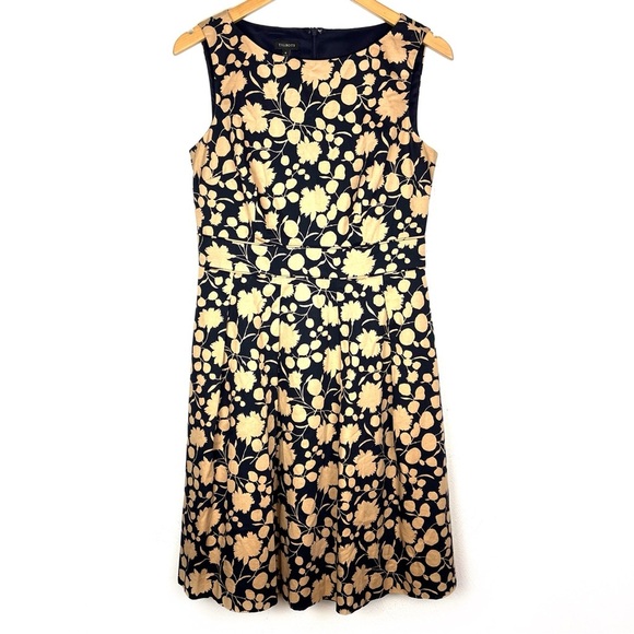 Talbots Navy Tan Floral Fit & Flare Cotton Dress Pockets size 6 - Picture 1 of 5